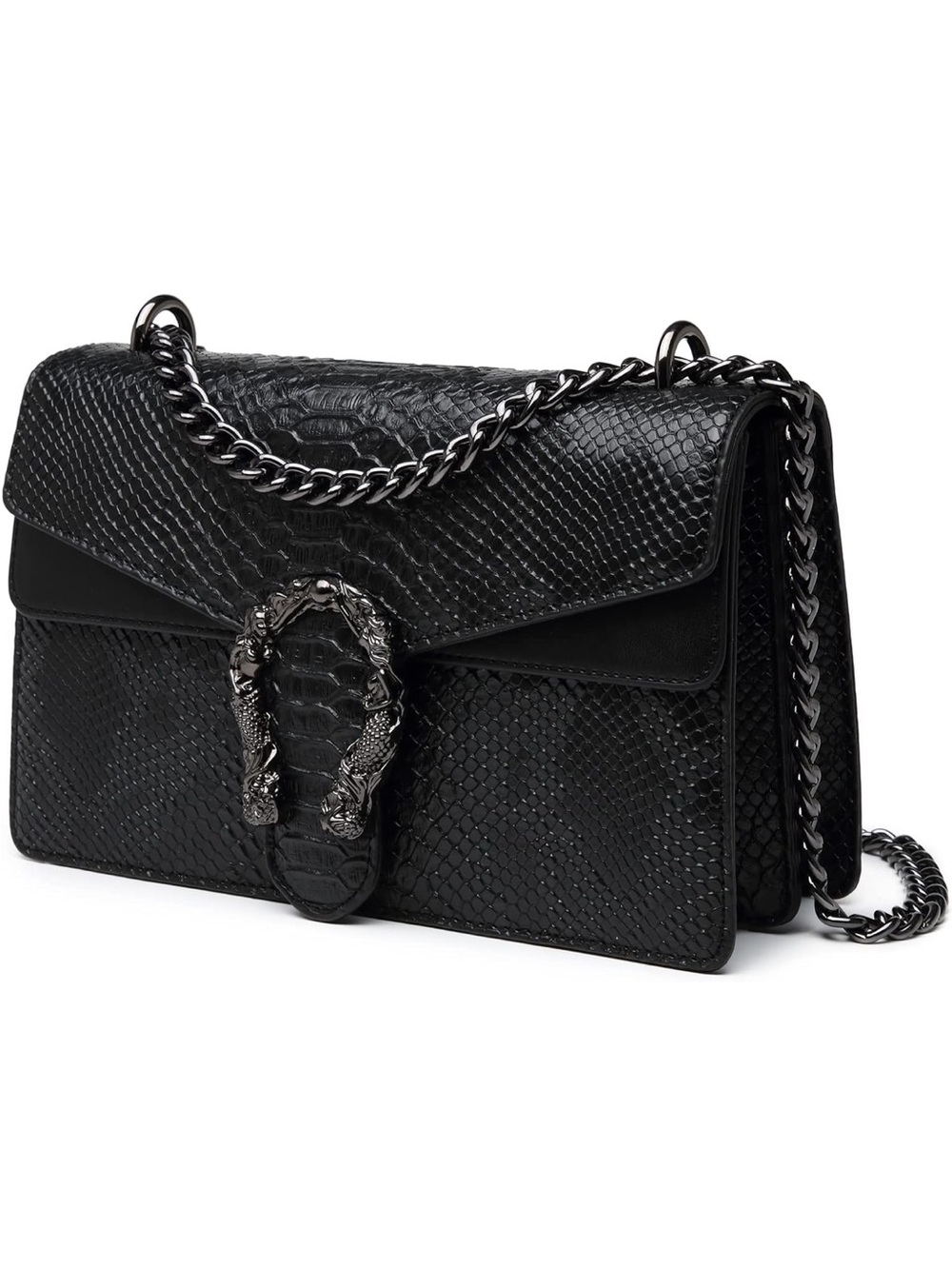 Black Textured Leather Shoulder Bag with Gunmetal Chain